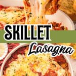 A close-up of a bubbling skillet lasagna with a golden, cheesy top, garnished with fresh parsley. A serving spoon is lifting a cheesy portion from the pan, with stretchy melted cheese creating an irresistible pull.