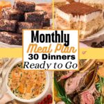 Monthly Meal Plan with images of dinners and desserts.