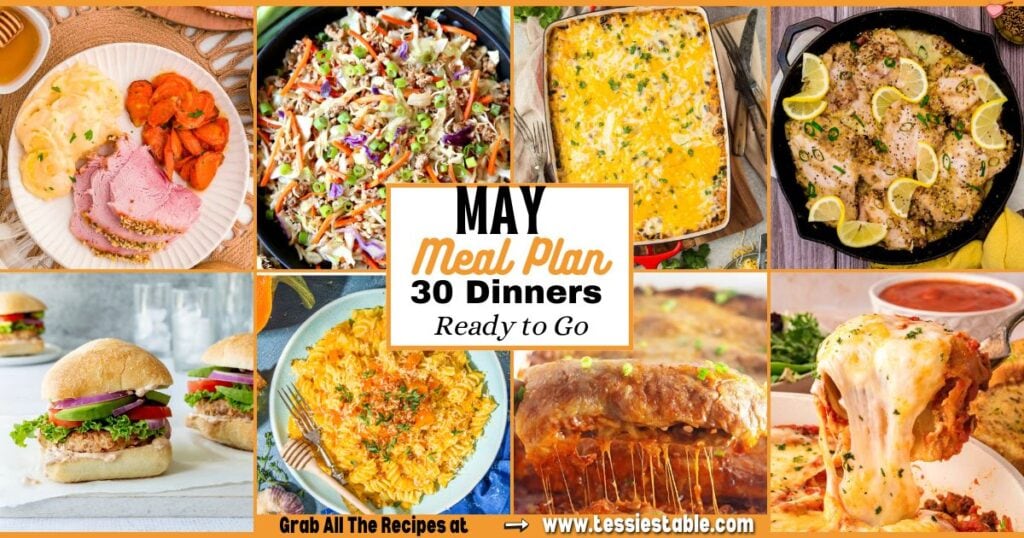 Collage of dinner recipes featured in the May Meal Plan including casseroles, skillet dishes, and pasta bakes with text overlay that reads “May Meal Plan – 30 Dinners Ready to Go”.