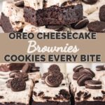 Oreo cheesecake brownies with cookie layer stacked on plate.