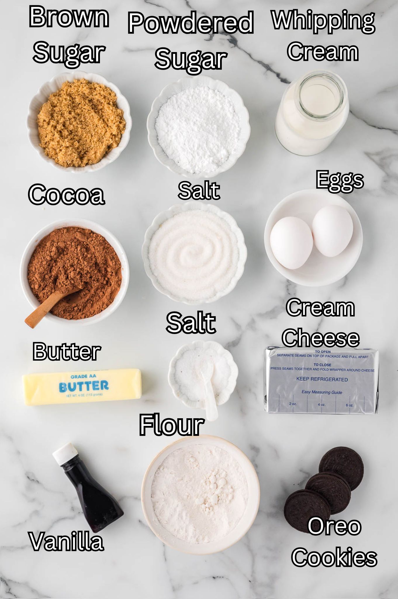 Ingredients for Oreo Cheesecake Brownies.