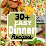 Collage of colorful summer dinner recipes including shrimp and sausage sheet pan meal, cheesy one-pot burrito bowls, grilled peach salad with walnuts, and juicy bruschetta chicken, promoting 30+ easy dinner recipes from Tessie’s Table.