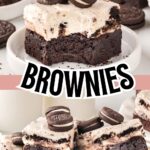 Oreo cheesecake brownies with cookie layer stacked on plate.