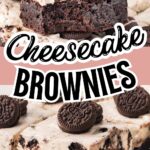 Oreo cheesecake brownies with cookie layer stacked on plate.