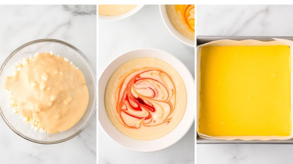 Three step photos showing sweetened condensed milk over white chocolate chips, orange food coloring swirled into the fudge, and the yellow fudge layer spread in a lined pan for candy corn fudge by Tessie's Table.