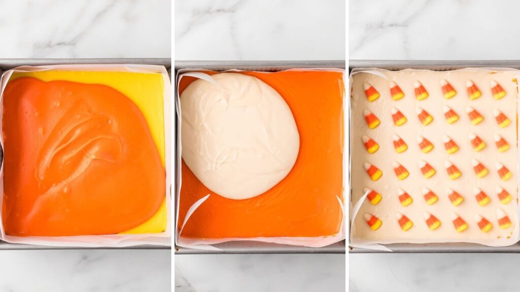 Three step photos showing orange fudge spread over the yellow layer, white fudge poured over the orange, and the finished candy corn fudge topped with rows of candy corn by Tessie's Table.