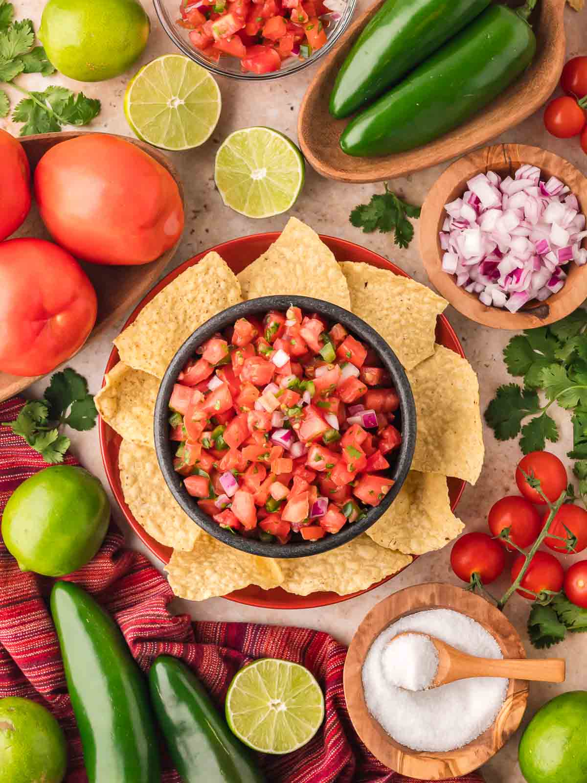 Overhead view of fresh tomato salsa in a black bowl with tortilla chips, surrounded by fresh ingredients like tomatoes, limes, jalapeños, cilantro, red onion, and salt.