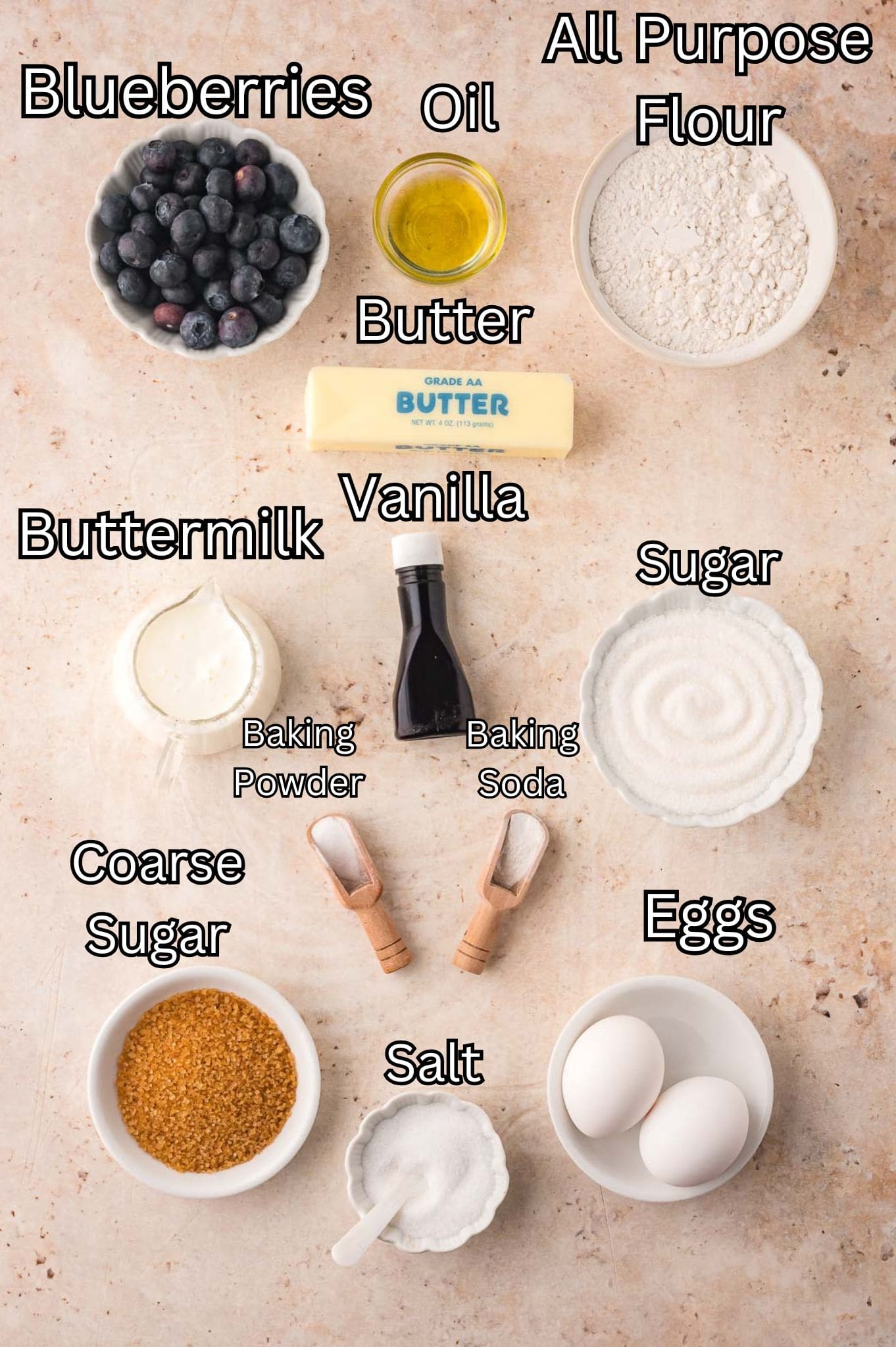 Ingredients for Bakery Style Blueberry Muffins.