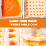 4 images of how to make candy corn fudge.