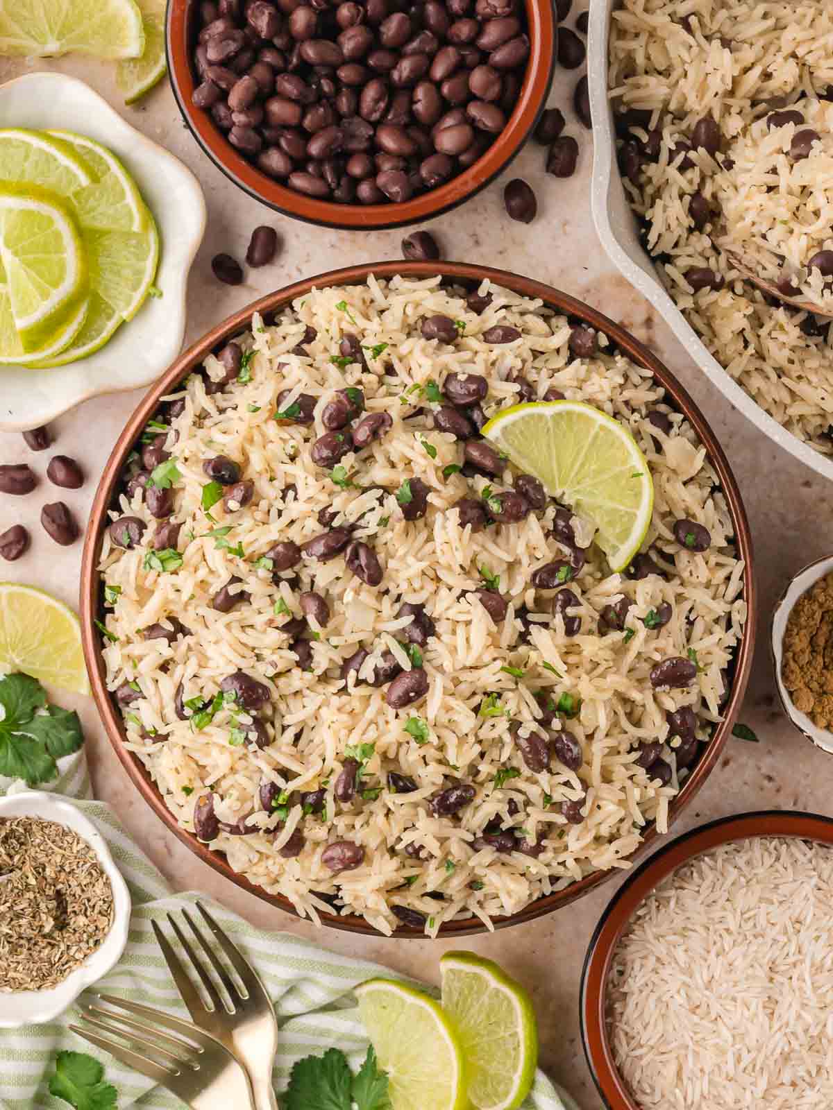 Overhead shot of a serving bowl of black beans and rice with lime slices, surrounded by small bowls of ingredients.