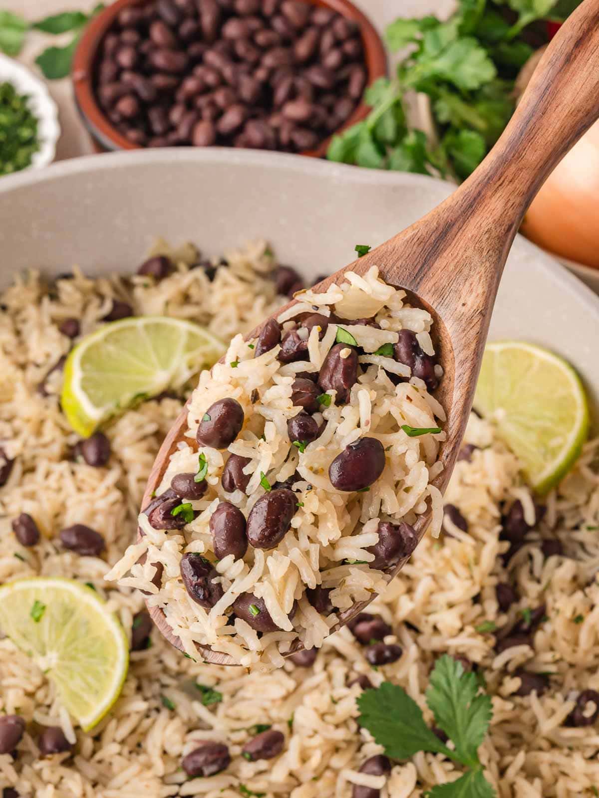 A spoonful of Black Beans and Rice.