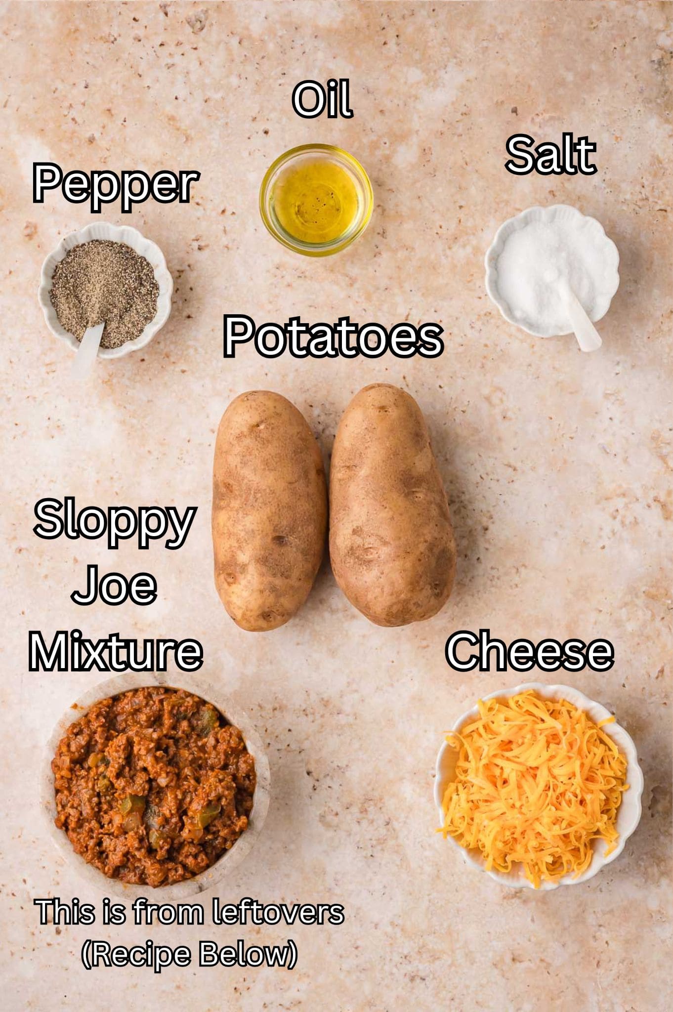 Ingredients for Sloppy Joe Baked Potatoes.