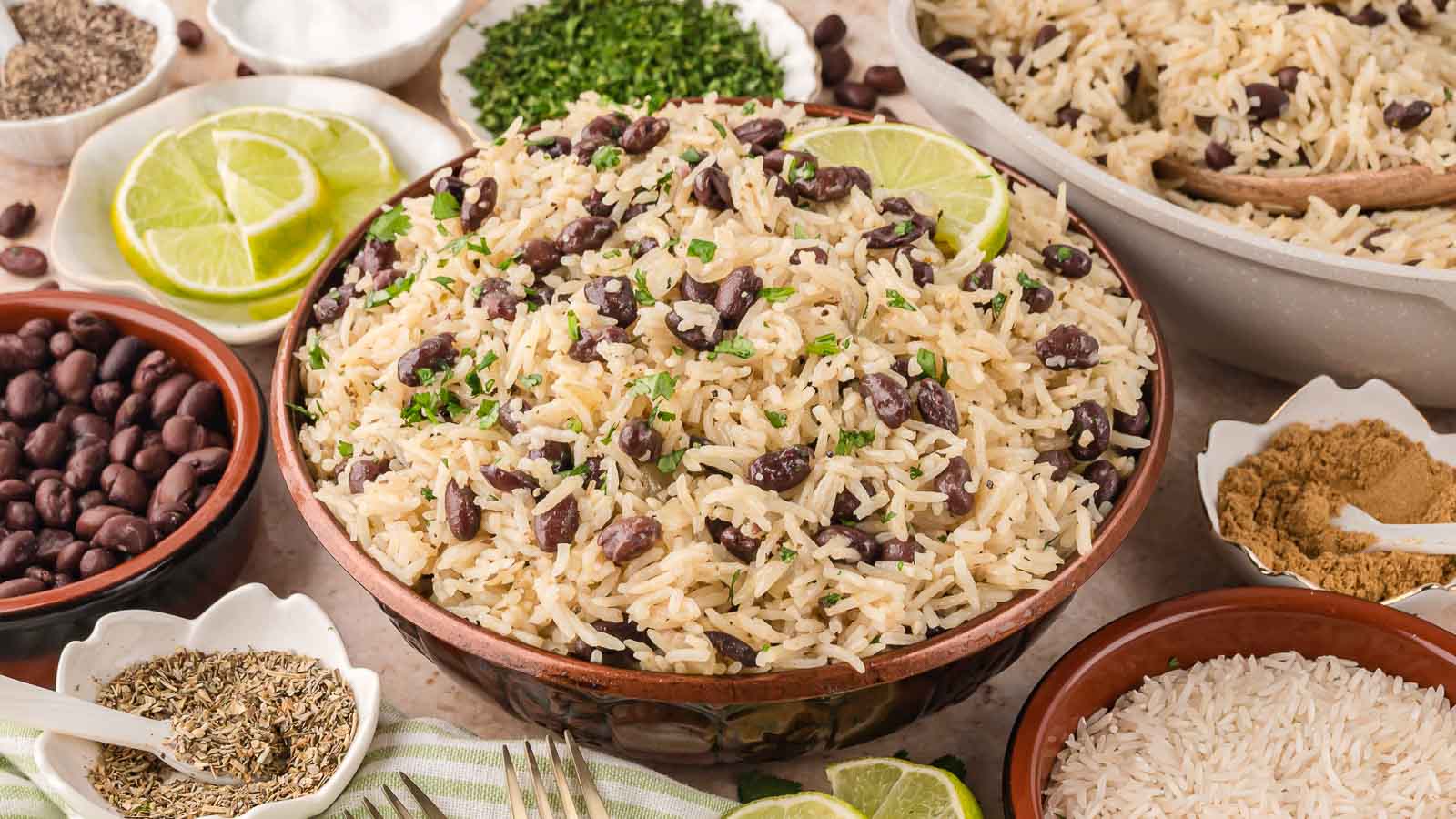 Black Beans and rice by Tessie's table.