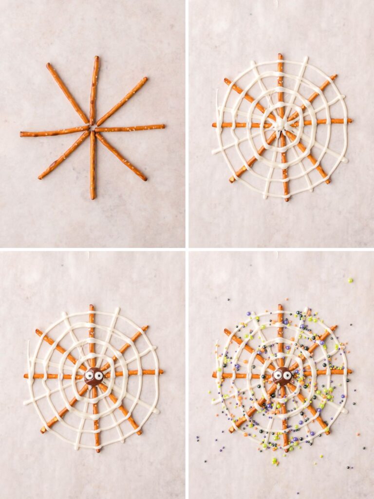 Four step photos showing pretzel sticks in a starburst on parchment, white chocolate piped into a spider web, a chocolate spider with candy eyes in the center, and Halloween sprinkles scattered over the pretzel spider web by Tessie's Table.