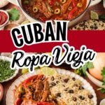 Cuban ropa vieja with shredded beef, peppers, and olives served with rice on a plate.