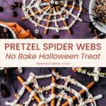 Overhead view of pretzel spider webs with orange and black sprinkles and plastic spiders on a purple background by Tessie's Table.