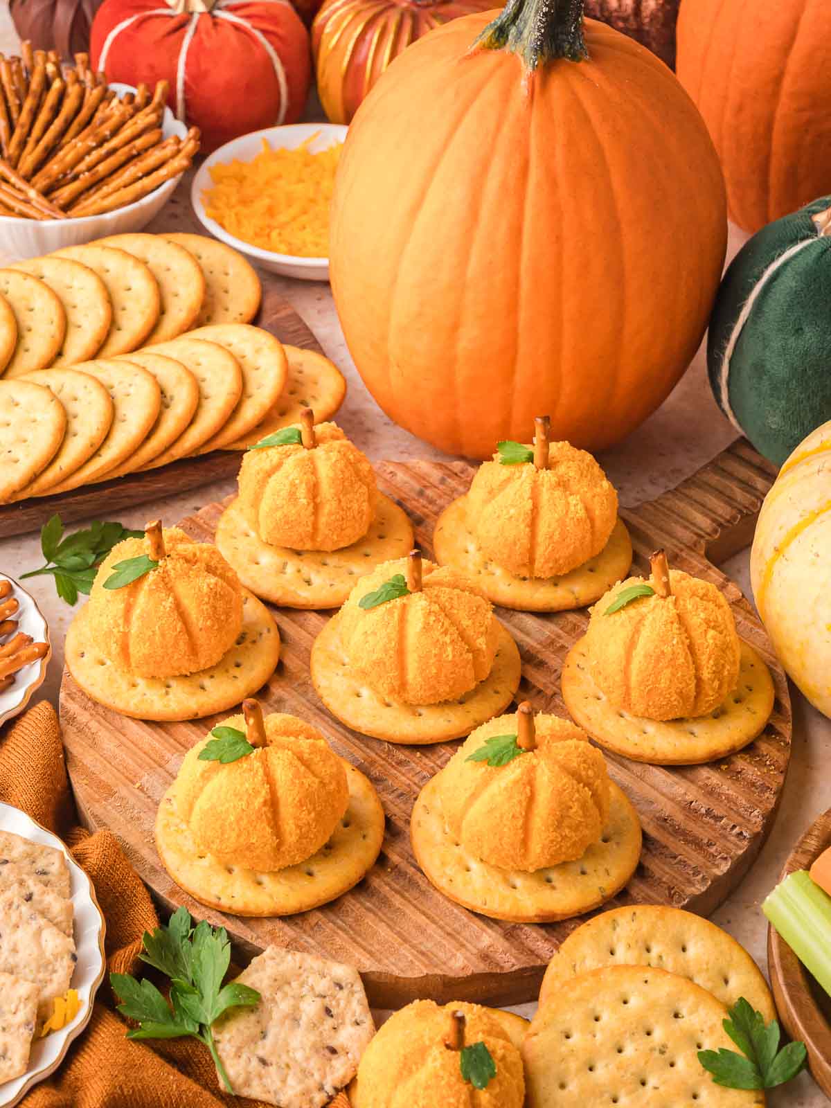 Mini pumpkin cheese balls displayed on a round wooden board, surrounded by crackers, shredded cheese, parsley, and fall pumpkins.