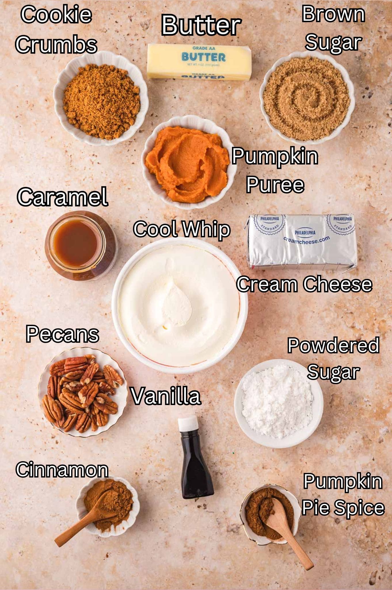 Ingredients for No-Bake Pumpkin Cheesecake Bars.