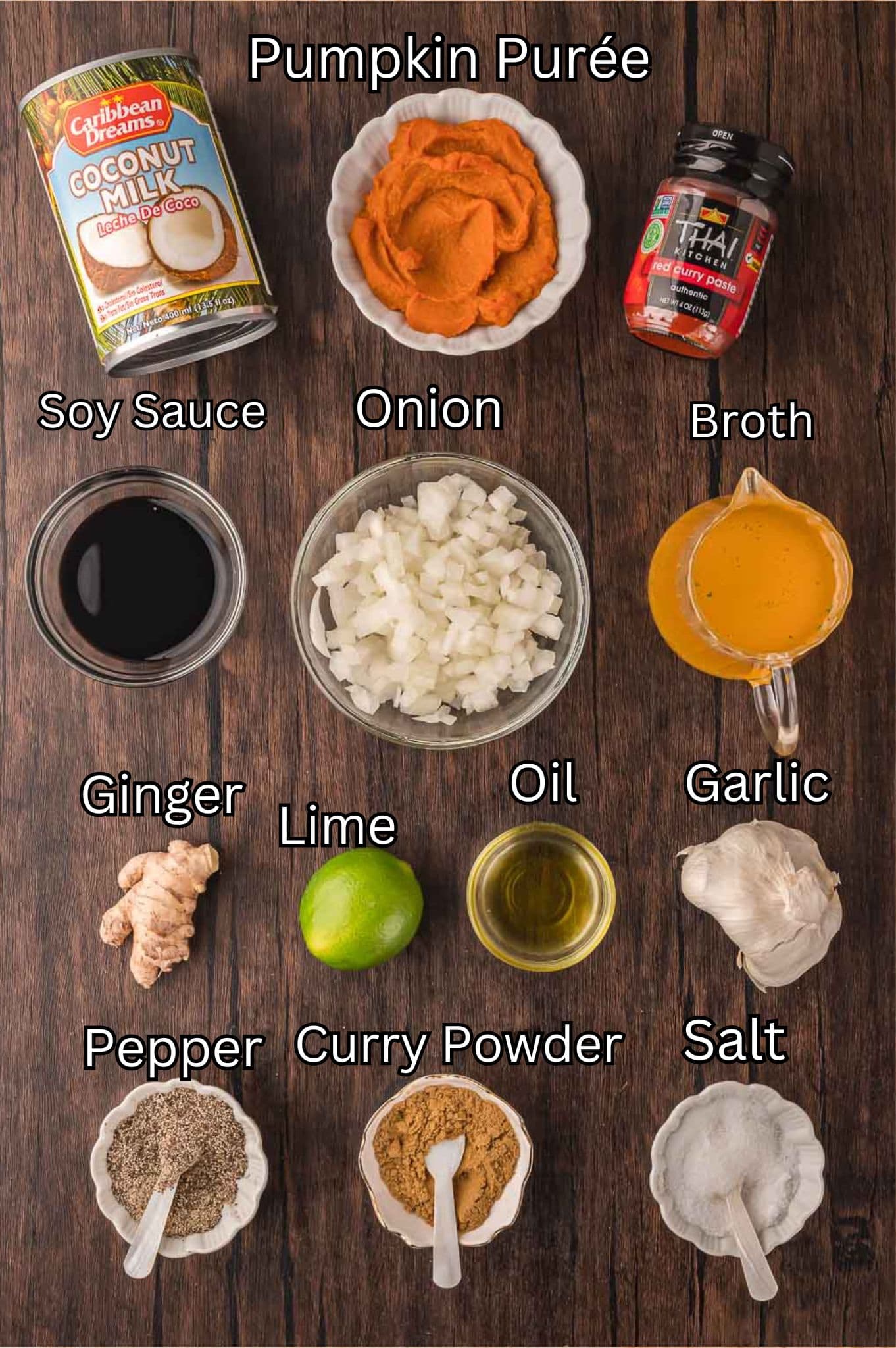 Ingredients for Pumpkin Coconut Curry Soup.