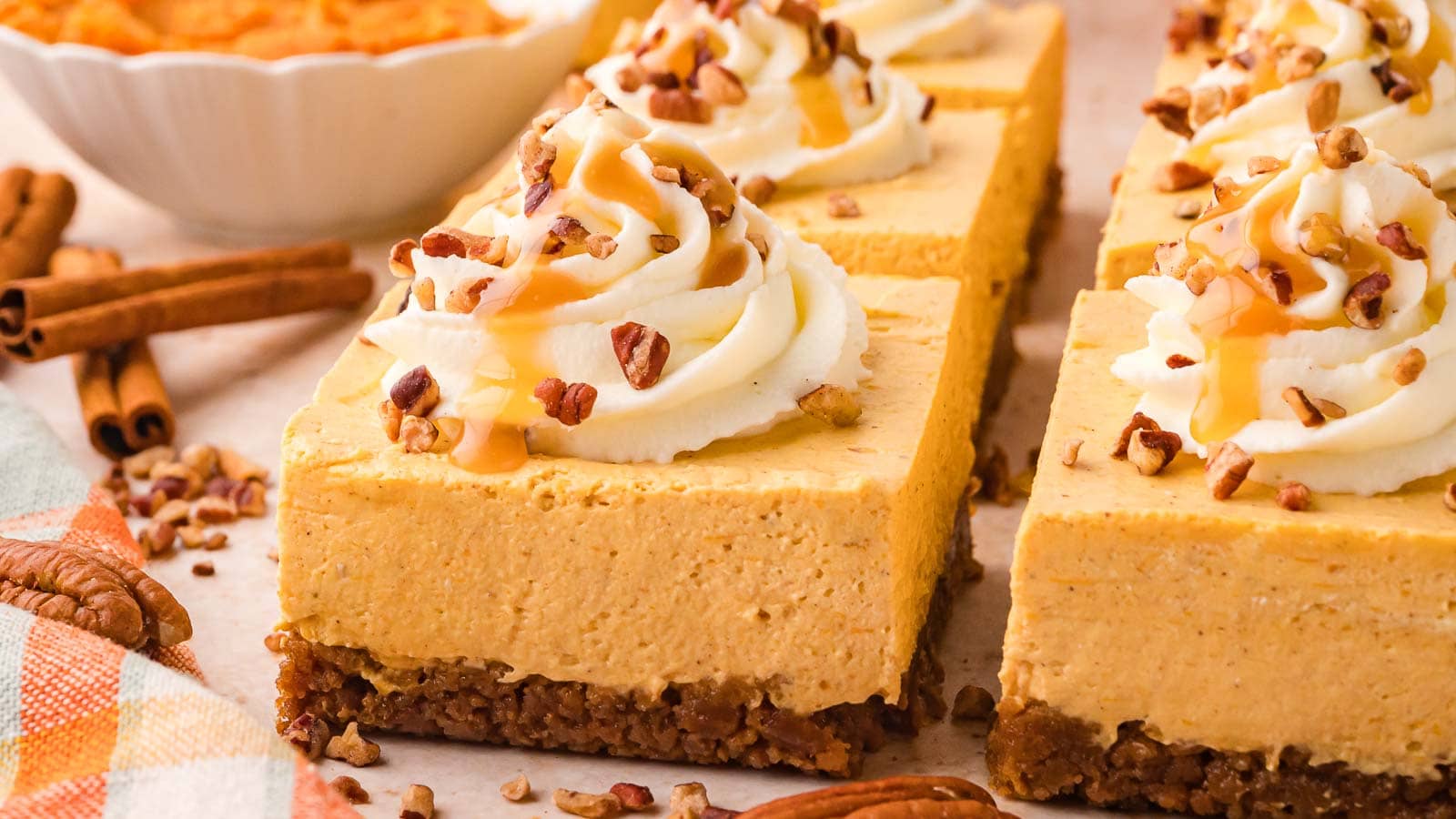 No Bake Pumpkin Cheesecake bars.