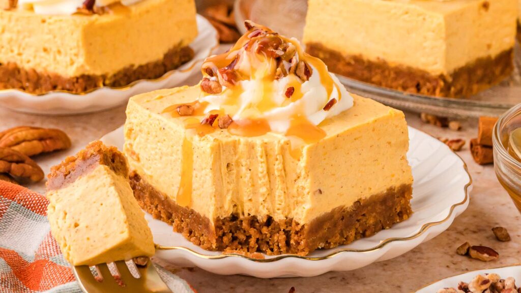 No-Bake Pumpkin Cheesecake Bars by Tessie's Table.