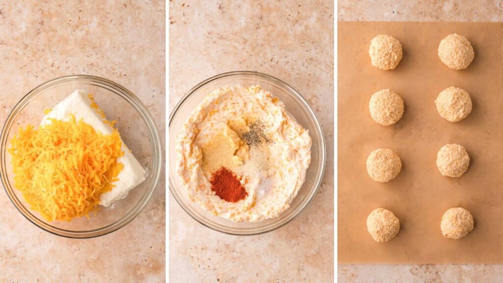 Three step photos showing cream cheese and shredded cheddar in a glass bowl, the cheese mixture with spices added, and eight shaped cheese balls on parchment for mini pumpkin cheese balls by Tessie's Table.