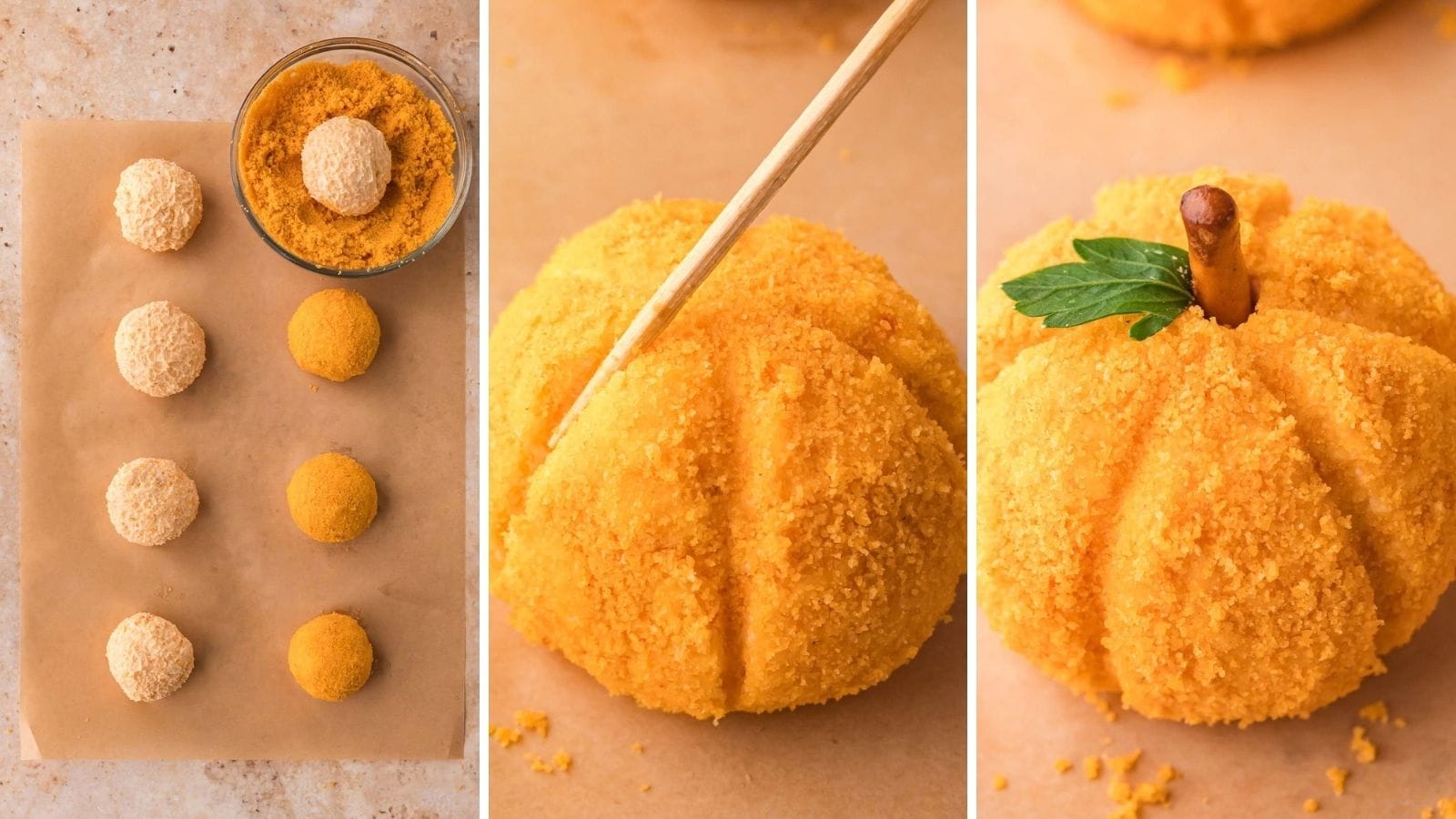 Three step photos showing cheese balls being rolled in crushed cheese crackers, lines pressed into a cheese ball with a skewer, and a finished pumpkin cheese ball with a pretzel stem and parsley leaf by Tessie's Table.