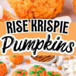 Pumpkin-shaped Rice Krispie treats arranged on a plate with marshmallows, pretzels, and miniature pumpkin candies.
