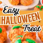 Easy Halloween Rice Krispie pumpkins with orange cereal centers, pretzel stems, and green candy leaves.