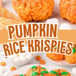 Kid-friendly Rice Krispie pumpkins decorated with pretzel stems and green leaves, an easy-to-shape Halloween treat.