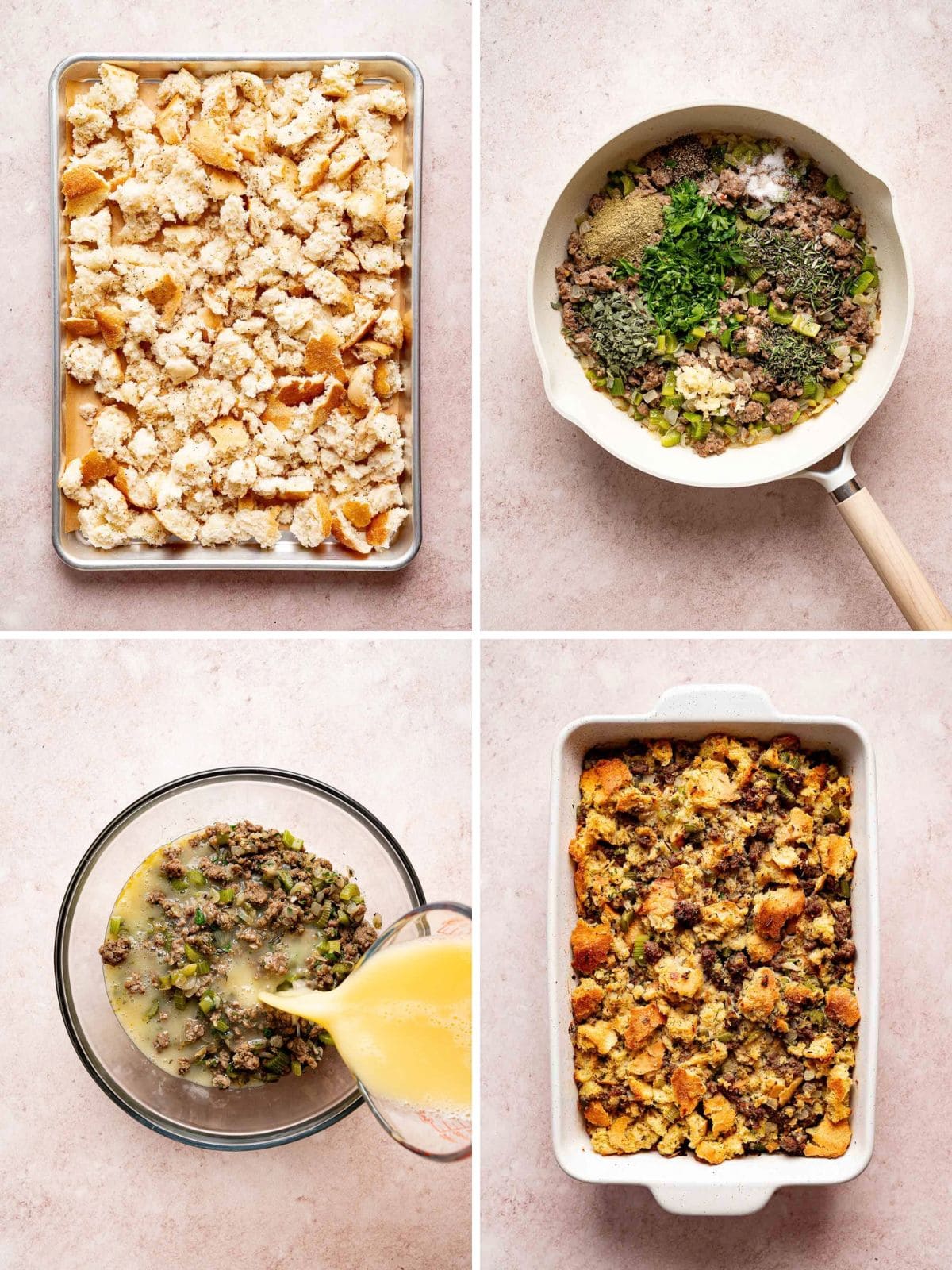 Four step photos showing toasted sourdough pieces on a baking sheet, sausage with celery, onion and fresh herbs in a skillet, egg and broth poured over the sausage mixture in a bowl, and the baked sourdough stuffing in a white dish by Tessie's Table.