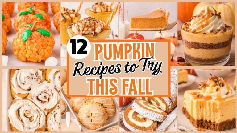 Collage of fall pumpkin desserts and treats including Rice Krispie pumpkins with green candy stems, pumpkin cheesecake bars with caramel, pumpkin pie slice, pumpkin parfait, cinnamon rolls with icing, hand pies with glaze, and pumpkin roll cake. Text overlay reads 12 Pumpkin Recipes to Try This Fall.