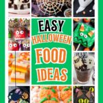 Bright collage of festive Halloween desserts for 10 Easy Halloween Treats to Make This October like pumpkin rice krispie treats, monster lollipops, ghost strawberries, candy-covered apple bites, spiderweb pretzels, and ghost brownies.