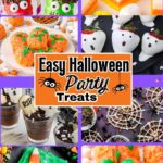 Bright collage of festive Halloween desserts for 10 Easy Halloween Treats to Make This October like pumpkin rice krispie treats, monster lollipops, ghost strawberries, candy-covered apple bites, spiderweb pretzels, and ghost brownies.