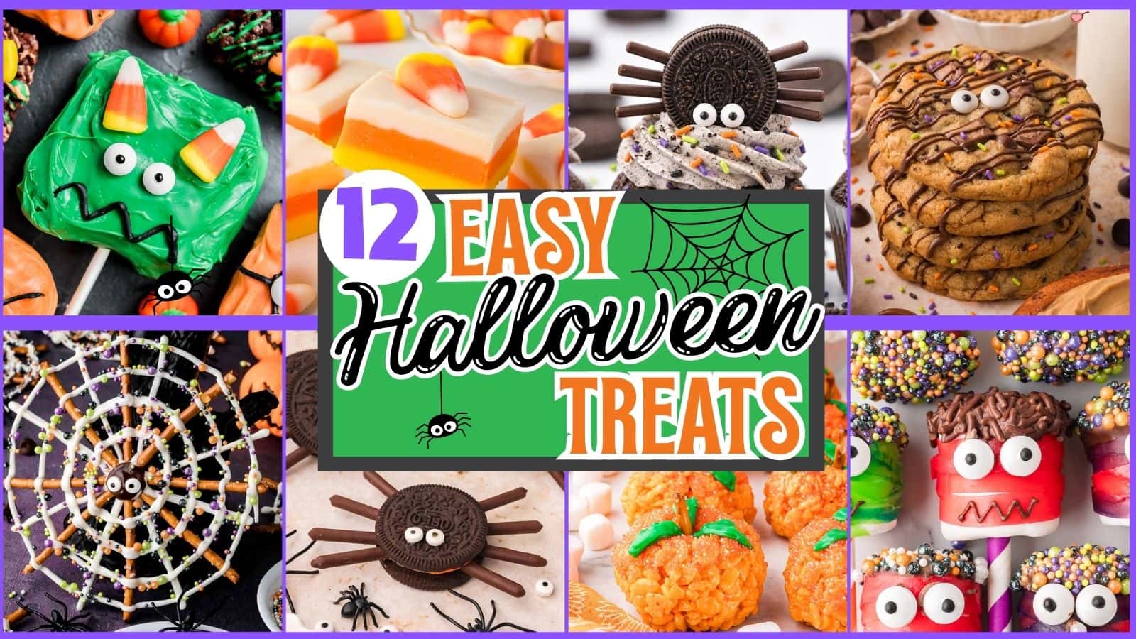 Bright collage of festive Halloween desserts for 10 Easy Halloween Treats to Make This October like pumpkin rice krispie treats, monster lollipops, ghost strawberries, candy-covered apple bites, spiderweb pretzels, and ghost brownies.