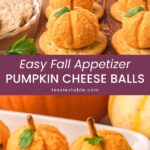 Rows of mini pumpkin cheese balls on crackers with pretzel stems and parsley leaves on a wooden board by Tessie's Table.