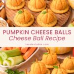 Mini pumpkin shaped cheese balls on crackers with a pumpkin, pretzels and celery sticks around them by Tessie's Table.