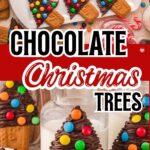 Chocolate Christmas Trees made with Biscoff cookies, melted chocolate, and colorful candies displayed on a white platter with candy canes and chocolate chips around for a festive Christmas cookie idea.