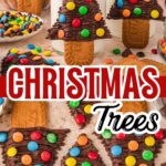 Decorated chocolate Christmas tree treats on a holiday platter.