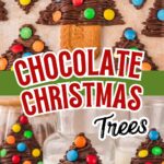 Decorated chocolate Christmas tree treats on a holiday platter.