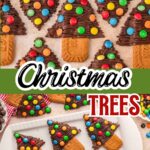 Decorated chocolate Christmas tree treats on a holiday platter.