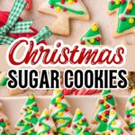 Decorated Christmas tree sugar cookies with colorful icing and ornaments on a holiday tray.
