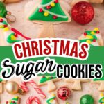 Decorated Christmas tree sugar cookies with colorful icing and ornaments on a holiday tray.