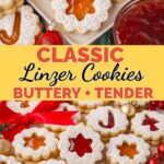 Linzer cookies with jam filling and powdered sugar ona serving dish with christmas decorations all around them.