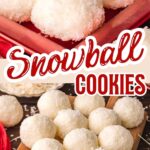 Coconut Snowball Cookies arranged on a wooden board and tray, coated in shredded coconut for a snowy holiday look.