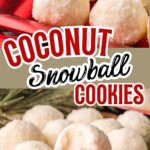 Coconut Snowball Cookies arranged on a wooden board and tray, coated in shredded coconut for a snowy holiday look.