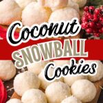 Coconut Snowball Cookies arranged on a wooden board and tray, coated in shredded coconut for a snowy holiday look.