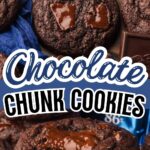 Stack of Double Chocolate Chunk Cookies with melted dark chocolate chunks and Ghirardelli bars, styled for holiday baking.