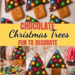 Decorated chocolate Christmas tree treats on a holiday platter