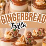 Layered gingerbread trifle in a glass trifle bowl.